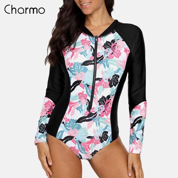 

charmo women long sleeve zipper rashguard one-piece swimsuit swimwear surfing rash guards upf50+ running wear biking shirt