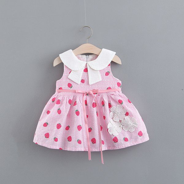 

2019 summer girls dress wholesale solid color strawberry printed striped children's wear, Red;yellow