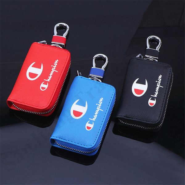 

pu leather car key holder slot case pendant champion brand keychain bag design key bag pu zip handbags purse mini wallets 80*50*16mm c121001, White