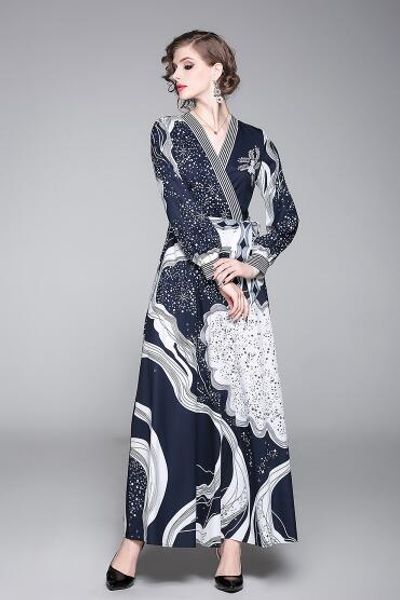 

spring women's v-neck vintage print lace up long sleeve dress, Black;gray