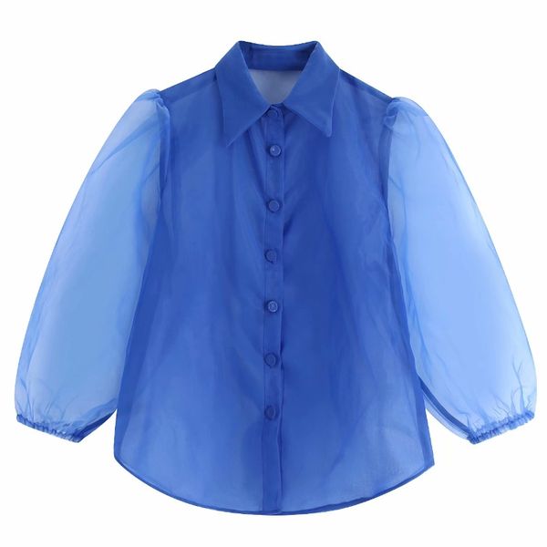 

2019 women fashion solid color transparent organza patchwork blouse women lantern sleeve shirt femininas chic blusas ls3827, White