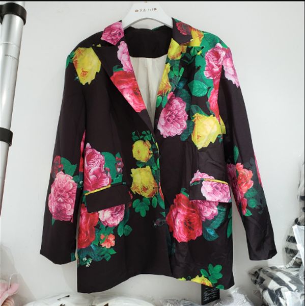 

2020 autumn new fashion flower print loose lapel small suit jacket female fashion flower blazer coat casaco mujer loose, White;black