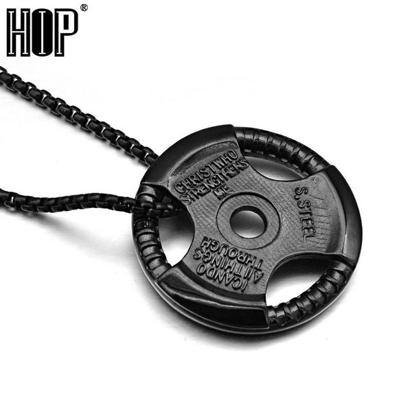

hip punk gold color stainless steel dumbbell plate pendant creative force fitness pendant necklaces for men jewelry, Silver