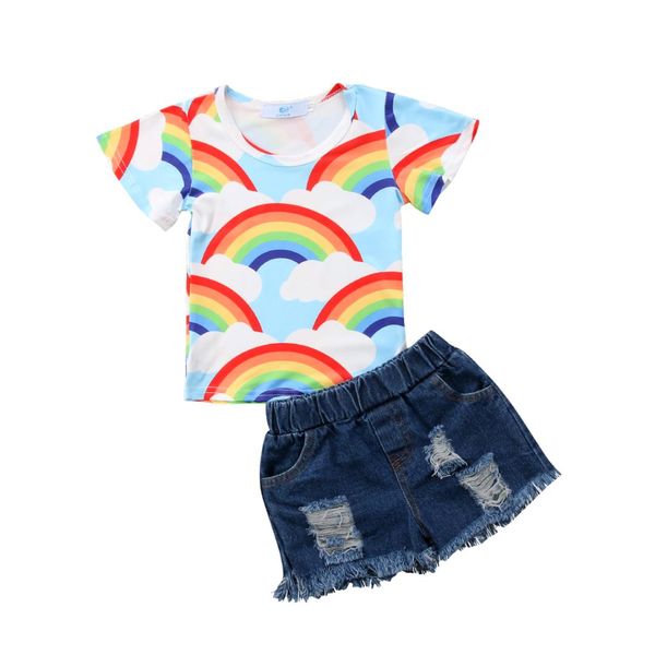 

new kid baby girls топы rainbow футболка джинсовые шорты джинсы наряды одежда набор сша, White