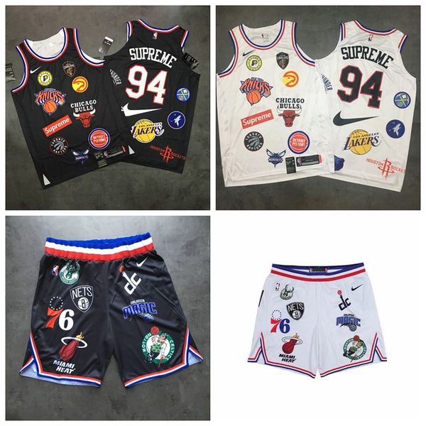 

18ss supreme nba 94 supreme all nba team black white embroidered basketball jersey and short, Black;red