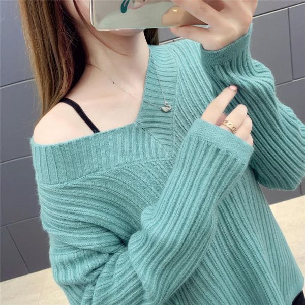 

v-neck knitted sweater women 2020 new autumn winter long sleeve basic knitwear loose ladies sweaters and pullovers, White;black