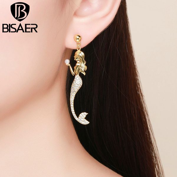 

bisaer drop earrings legend of mermaid sirens pearl long drop eearrings gold color fashion high-quality alloy jewelry gse118, Silver