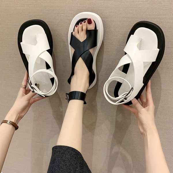 

comfort shoes for women female sandal cross-shoes buckle strap flat sandals clear heels 2020 summer all-match comfort block, Black