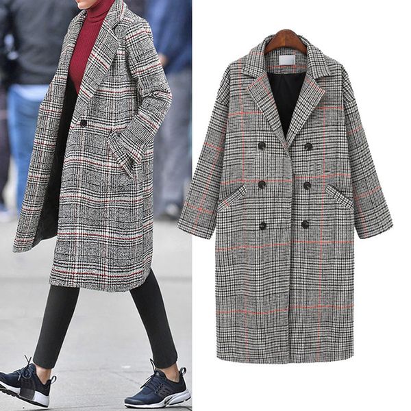 

2019 winter autumn elegant women korean office lady long plaid coat loose warm wool blends overcoat casual trench coat#g30, Black