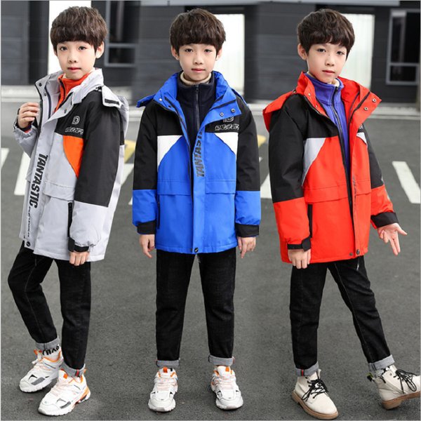 

children's winter jacket hooded plus velvet warm windproof and waterproof jacket for boy kids winter three-in-one coat, Blue;gray