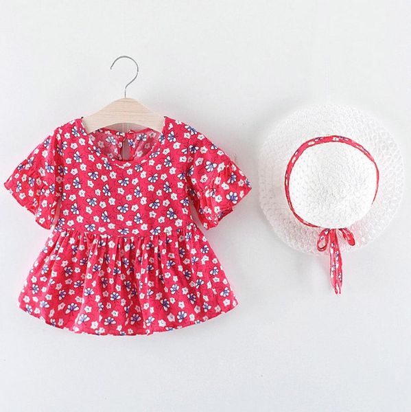 

new arrival kids baby girls flare short sleeve flower floral print red princess dress+hat cap outfits sukienki dziewczynka z18$, Red;yellow