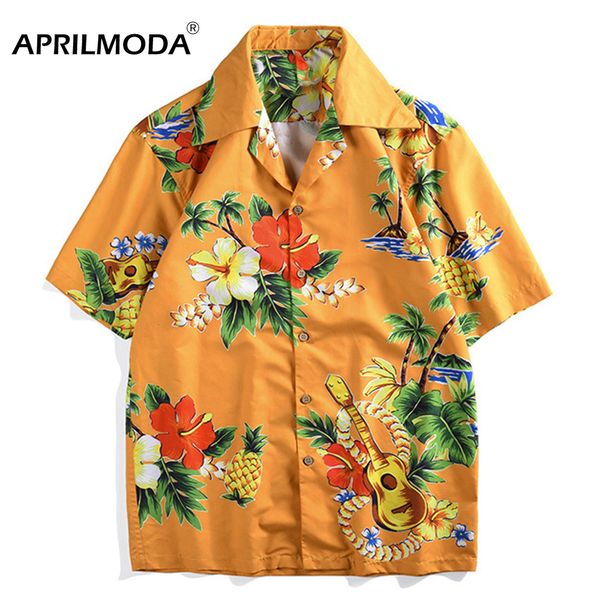 

men's summer hawaiian shirts floral printed 50s rockabilly beach shirts short sleeve plus size pineapple casual men, White;black