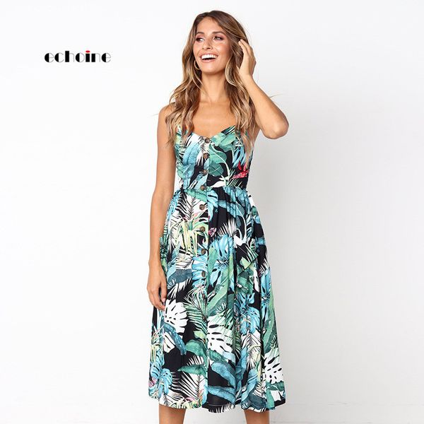 

echoine women sundress spaghetti strap dress low cut floral print strapless sleeveless loose ladies charming travel outwear, Black;gray