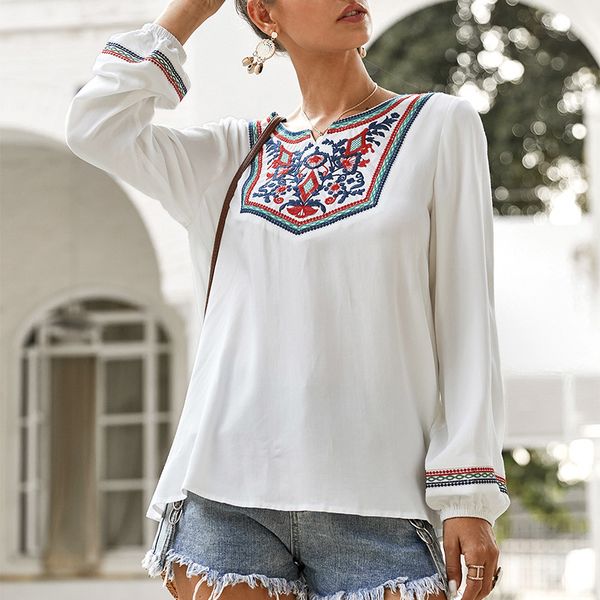 

temperament women's spring and summer long-sleeved t-shirt shirt national style pink plus size women thanksgiving harajuku, White