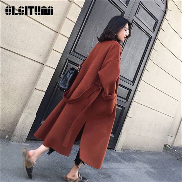 

new long open stitch women woolen coat casual loose women spring woolen coat fashion full sleeve turn-down collar coats, Black
