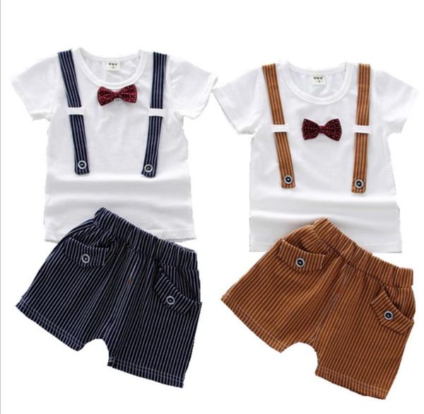 

summer children boys gentleman clothes set cotton kids short sleeve t-shirts+shorts suits outfits, White