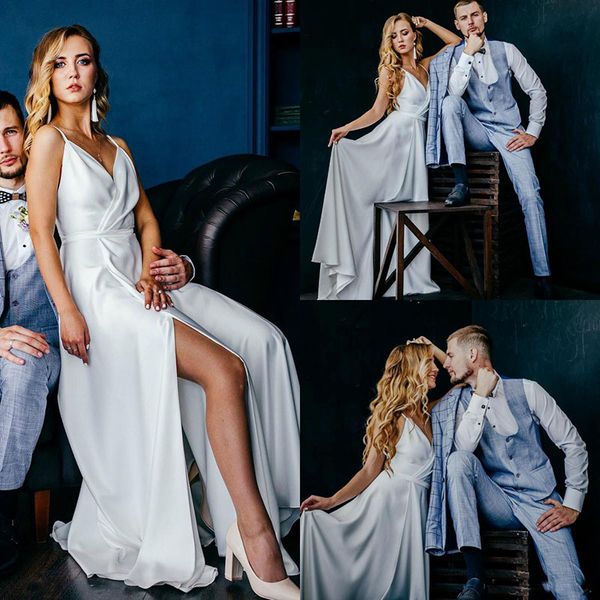 

дешевые чешские свадебные платья спагетти side split сатин бич boho chic свадебные платья халата де mariée свадебное платье партии, White