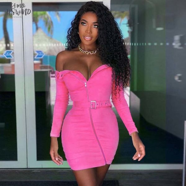 

shoulder belt zipper button dress long sleeve bodycon 2020 autumn winter women party casual lady clothes, Black;gray