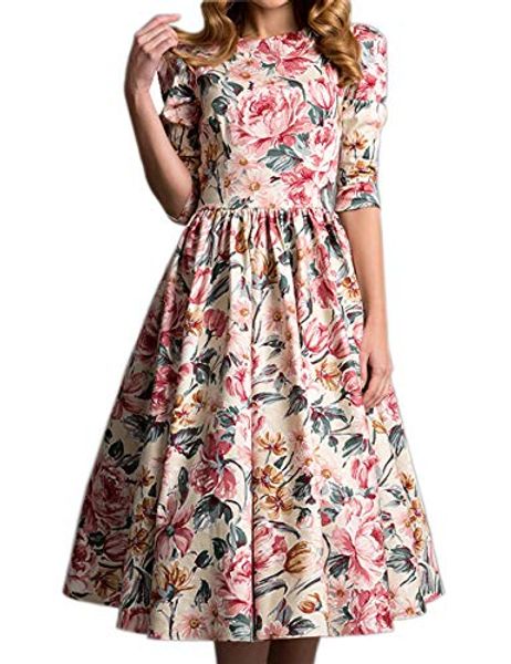 

casual dresses simple flavor women's 3/4 sleeve floral vintage dress winter elegant a-line, Black;gray