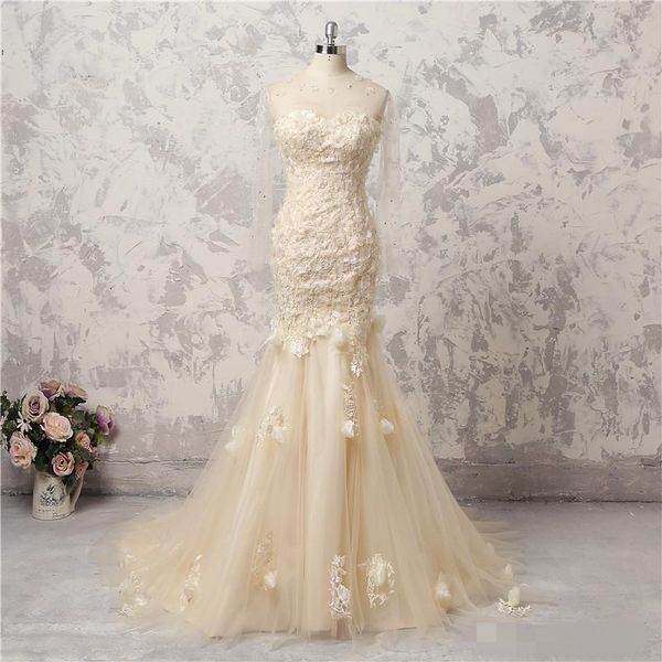 

champagne long sleeves mermaid wedding dresses 3d floral applique with handmade flowes beads jewel neck wedding gown vestido de novia, White