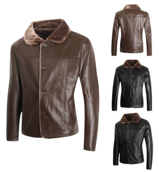 

2019 warm fleece winter fashion stylish brand men's leather jacket collar stand slim motorcycle faux leather male coat outwear jacket, Black;brown