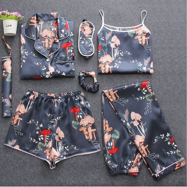 

qweek sleep lounge women 2019 summer satin pajamas women pijamas 7 piece autumn long sleeve silk pyjamas female set dropshipping, Black;red