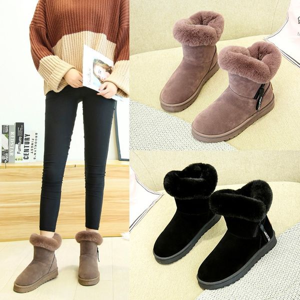 

w- snow boots winter fashion round head plus velvet thick flat casual cotton shoes warm solid color women's shoes, Black
