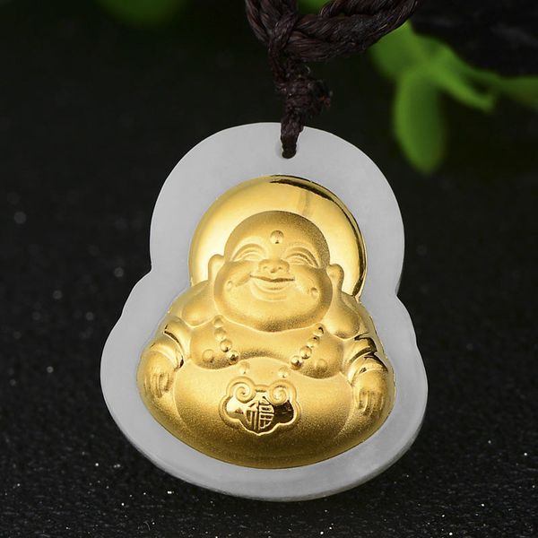 

4d gold inlay and field jade little guanyin buddha hanging pendant, Blue;slivery