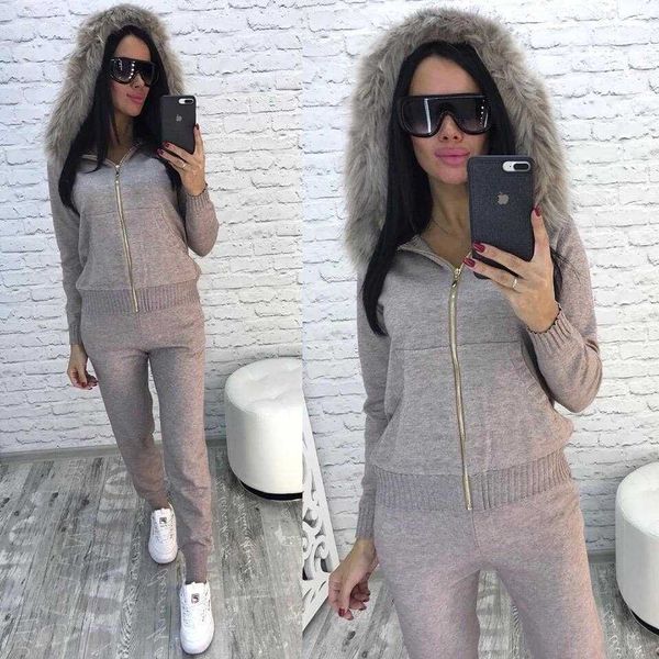 

fake fur collar hooded knitted suits russia supply explosion models amazon knit pants suit, White