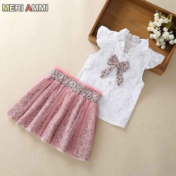 

baby girl set 2 шт набор дети одежда outfit рукава цветочных tee + цветок юбка для 2-13 года девушки, White