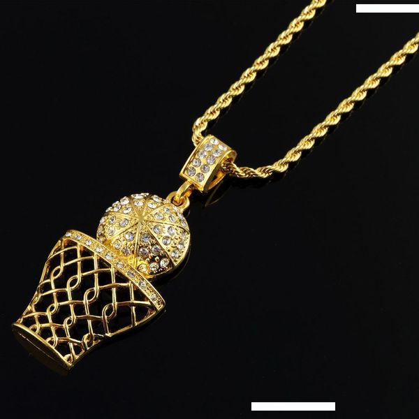 

fashion hip hop iced out 14k gold plated mini basketball rim pendant necklace long chain necklaces mens jewelry gold silver 2 colors