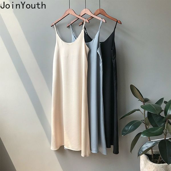 

joinyouth vintage satin solid dress women 2020 elegant v neck long dresses summer autumn 2020 korean lady vestidos j005, Black;gray