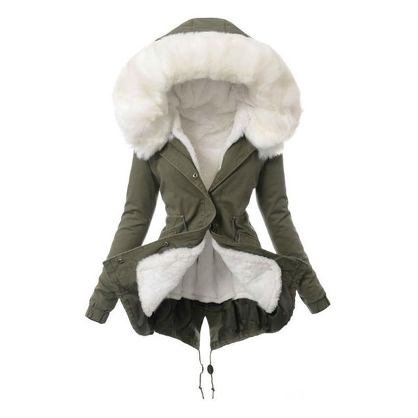 

women winter warm faux fur hooded long sleeve coat slim fit thicken outwear 2019, Black