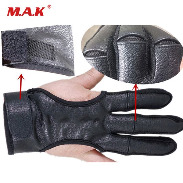 

3 fingers hand archery protective glove leather black guard glove safety archery gloves for recurve compound bow shooting, Black;gray
