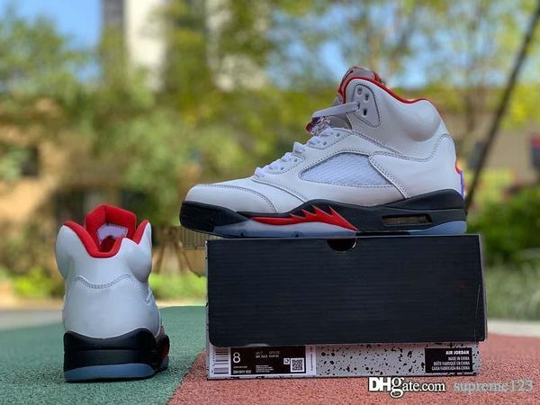 

new air authentic 5 fire red retro basketball shoes white fire red black 3m reflective tongue men sports sneakers da1911-102 with box