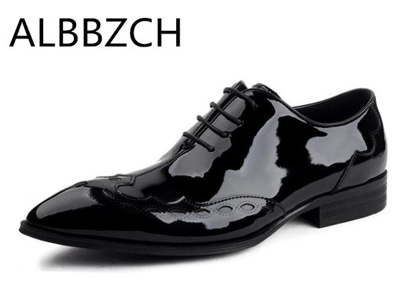 

patent leather oxford men shoes men's wedding dress shoes busines work trending brogue pointed toe cow leaather size 38-44, Black