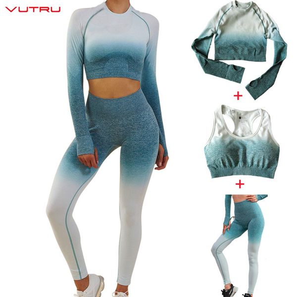 

vutru sportswear ombre seamless 3 piece set women sport suit gym workout clothes long sleeve crop sports bra+leggings, White;red