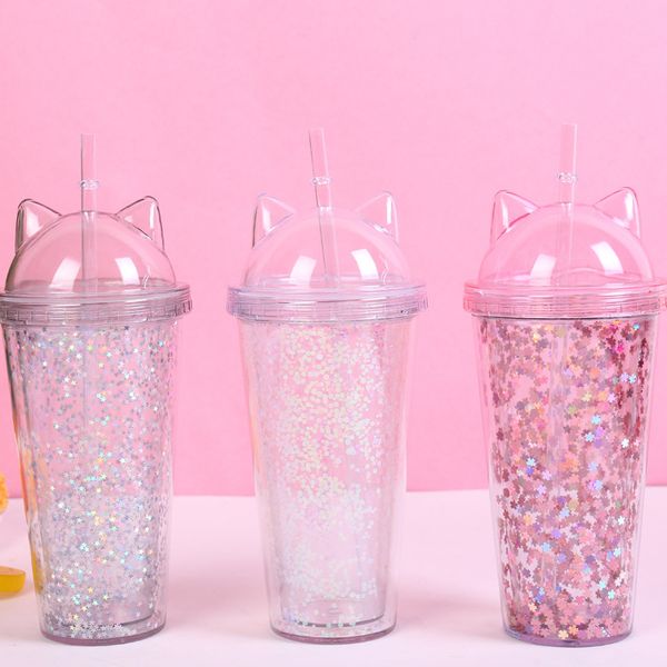 

ear glitter double milk tea cup children's baby cartoon cute water cup creative sequin plastic straw juice cup glass mugs t2i5150