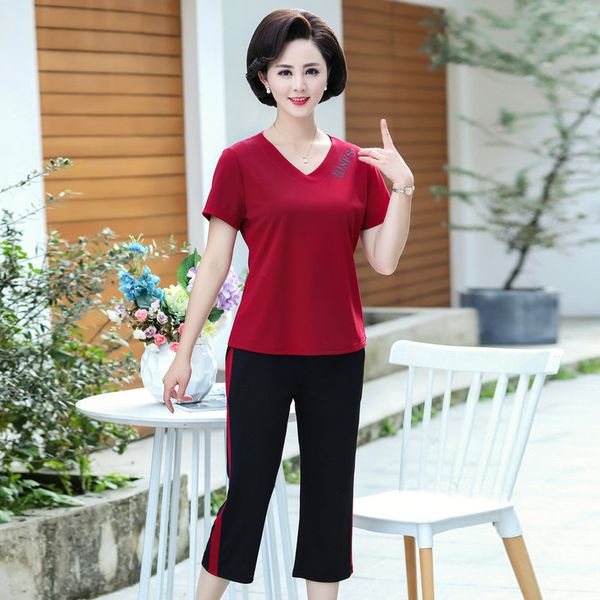 

summer woman casual tracksuit pink red khaki short sleeve tshirts and cropped pants suits 2 pieces trouser set womans twinset, White