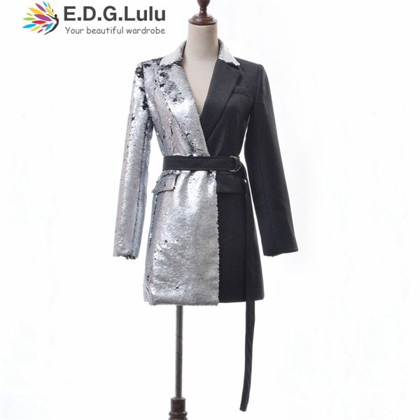 

edglulu womens jackets and coats 2019 black patchwork sequins long sleeves turn-down collar leather blazers women, Black;white