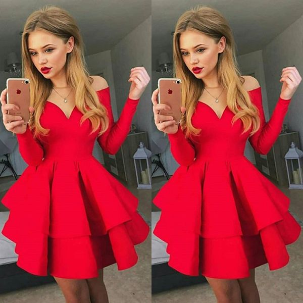 

elegant off the shoulder long sleeves elastic satin red short homecoming dresses a line tiered ruched short cocktail party dresses, Blue;pink