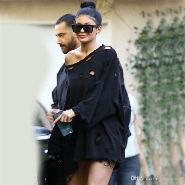 

women autumn cut out ripped hoodie black irregular hole cold off shoulder female winter sweatshirt streetwear polerones wt0782
