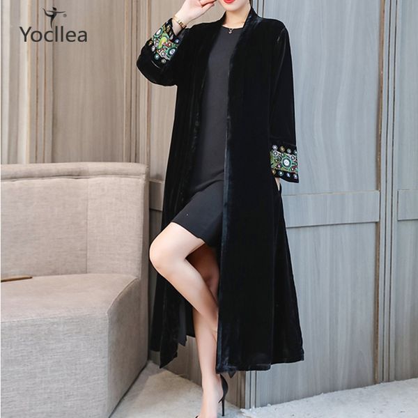 

elegant embroidery velour open stich trench coat long for women warm winter large size 4xl velvet trench overcoat autumn, Tan;black