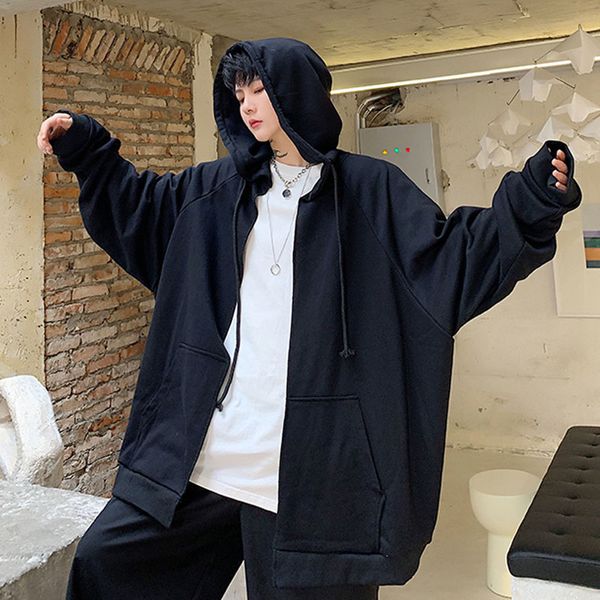 

men loose hooded sweatshirt zipper coat cardigan male women streetwear hip hop gothic oversize casual hoodie jacket outerwear, Black
