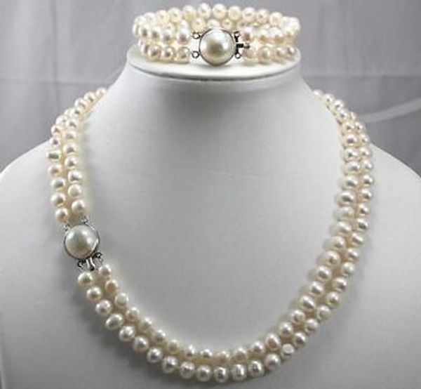 

2 row 7-8mm freshwater cultured pearls necklace bracelet set, Silver