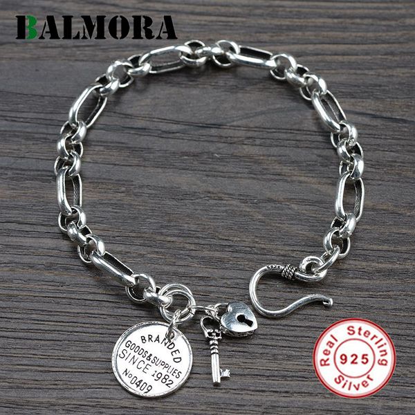 

balmora real 925 sterling silver heart charms bracelets for women men lover gift retro punk cool jewelry 18 cm chain wrast, Golden;silver