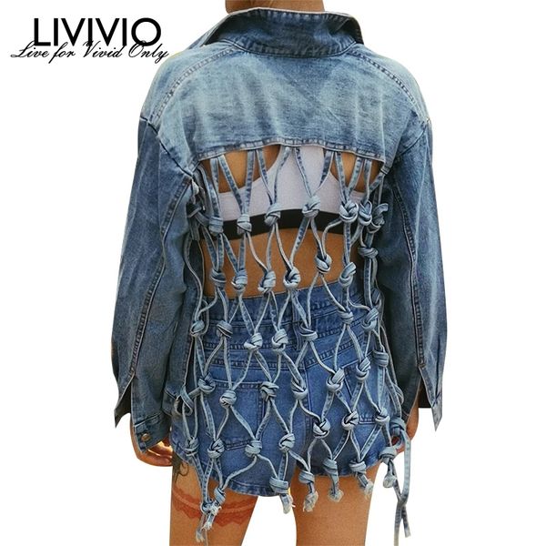 

livivio] backless jean jacket women turn down neck long sleeve denim coat female 2019 autumn fashion clothing, Black;brown