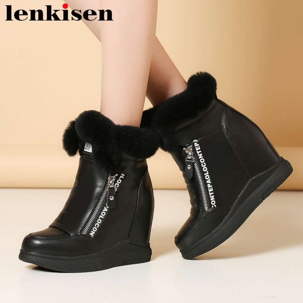 

2019 cold protection sheep fur super high heels increased natural leather zipper round toe platform runway simple snow boots l13, Black