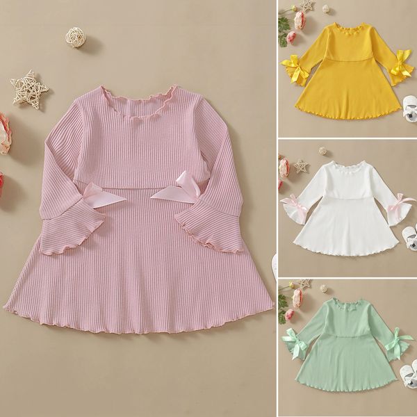 

new summer babys dress toddler baby girls long sleeve solid striped bow dressed clothes 2019, Red;yellow