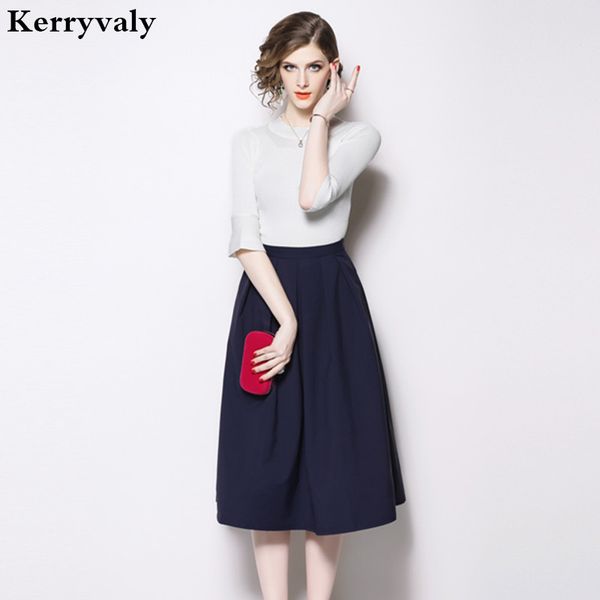 

two piece set women dress survetement femme marque 2018 autumn 2 piece set women whiter knitted sweater + midi skirt k9620, Gray